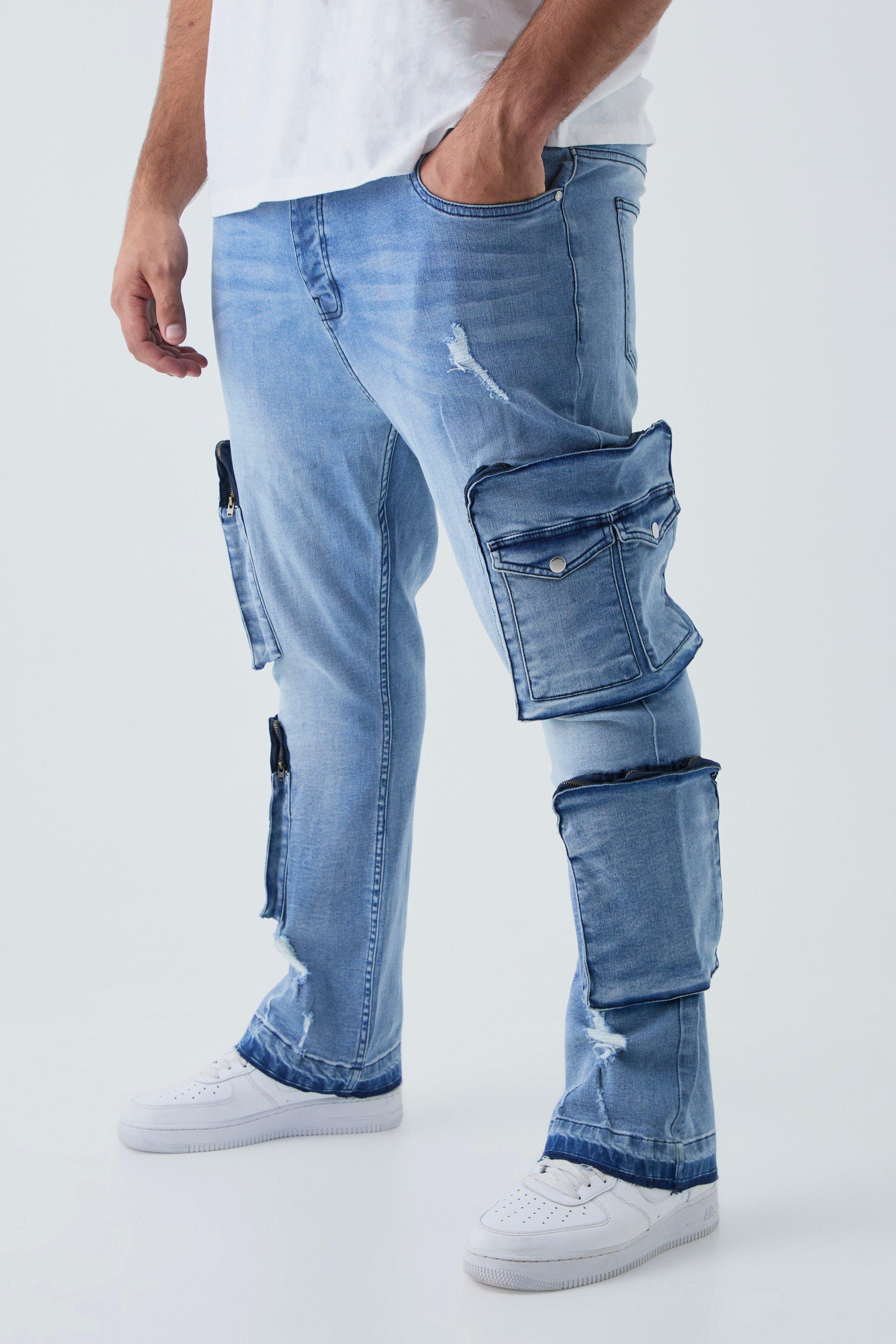 Mens Grey Plus Raw Seam Detail Stretch Skinny Ripped Cargo Flared Jeans, Grey